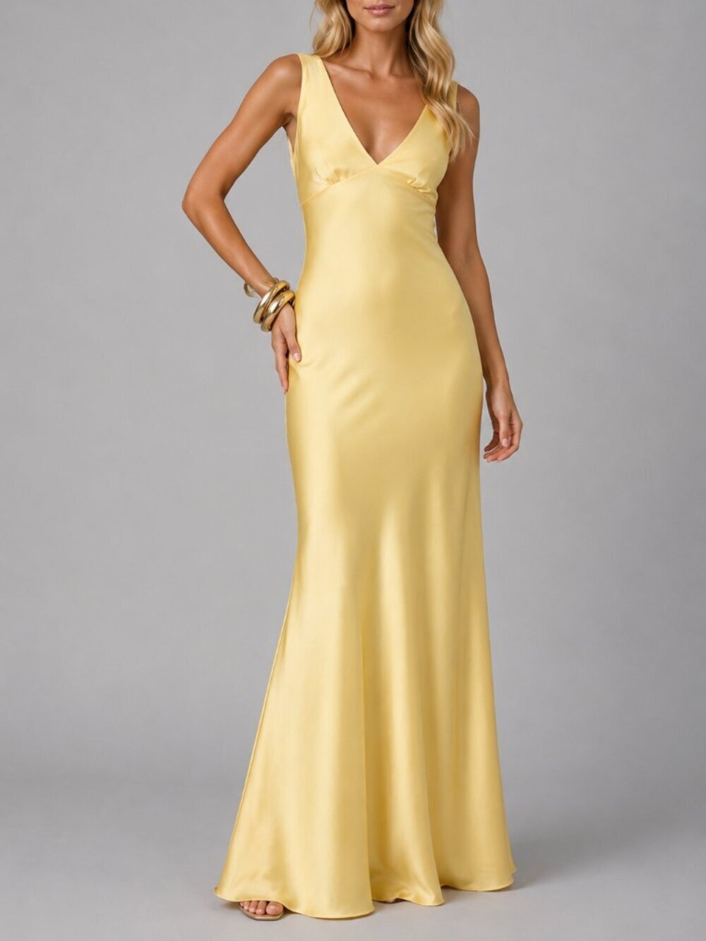 Women's Yellow Satin Backless Tie Maxi Dress Deep V Formal Wedding Guest Gown